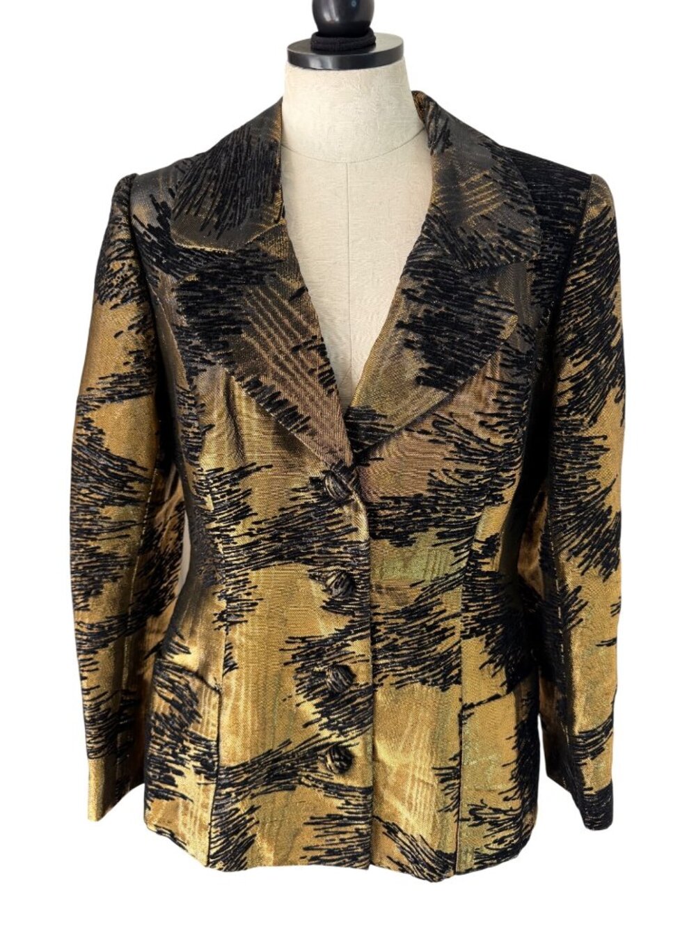 David Hayes Womens Notch Metallic Abstract Blazer Size 14 Black Gold Vintage Gla